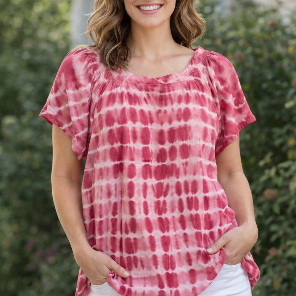 Bandolino Jeans Pink Tie Dye Cotton Peasant Top XXL Boho Short Sleeve